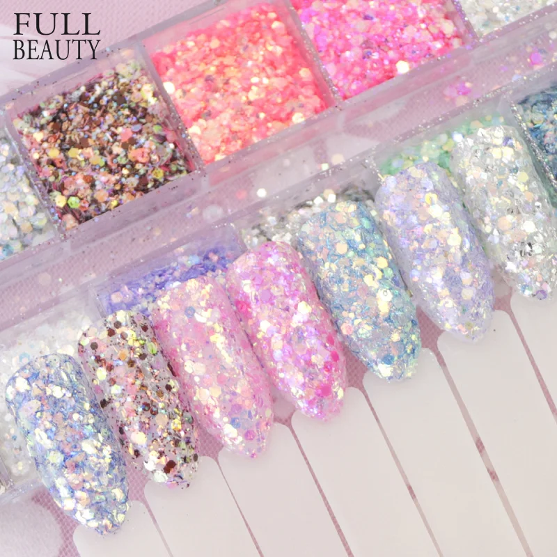 Полный набор красоты смешанный шестиугольный 12 цветов пыли для ногтей