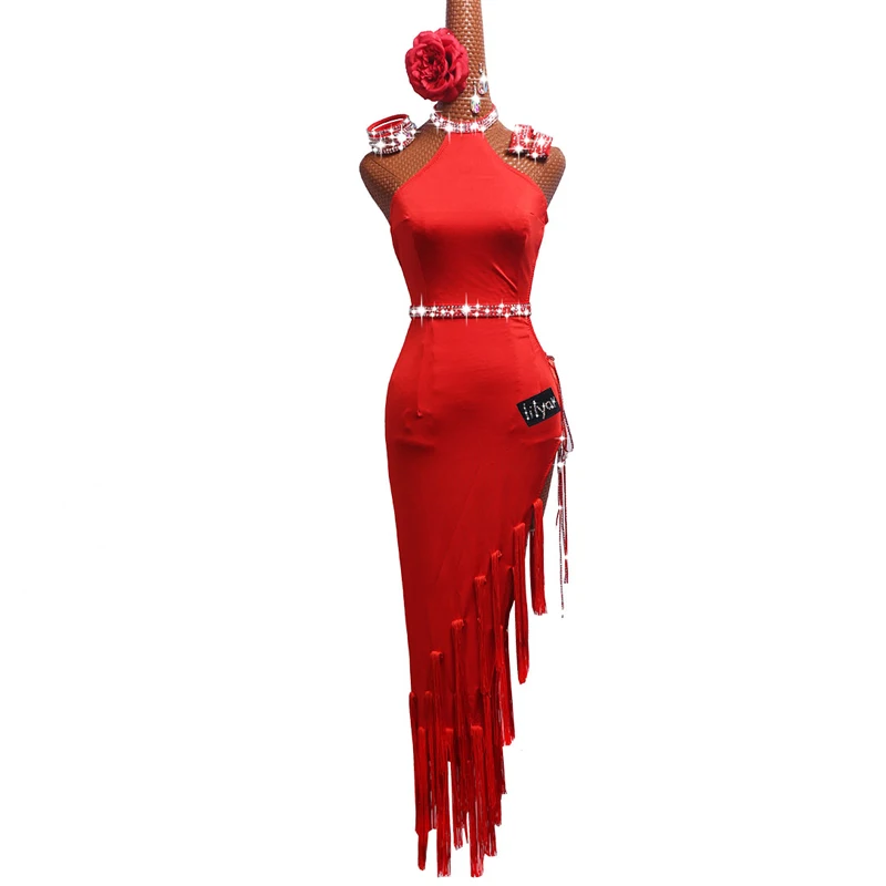 Новинка,, платья для латинских танцев для женщин, красные, Клубные, вечерние, для танцоров, певиц, одежда для выступлений, с бахромой, красное платье DM1041