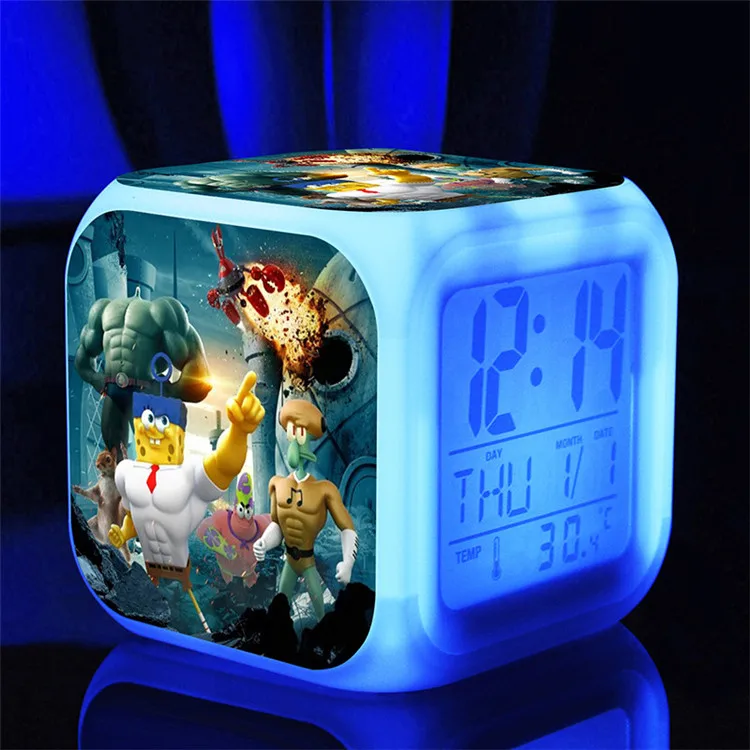 SpongeBob светодиодный Будильник 7 цветов светящийся большой экран цифровой детский будильник подарок на день рождения многофункциональные сенсорные часы - Цвет: Темно-синий
