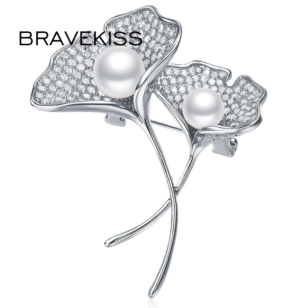 Женские броши и булавки BRAVEKISS Ginkgo Biloba брошь с натуральным жемчугом цирконием