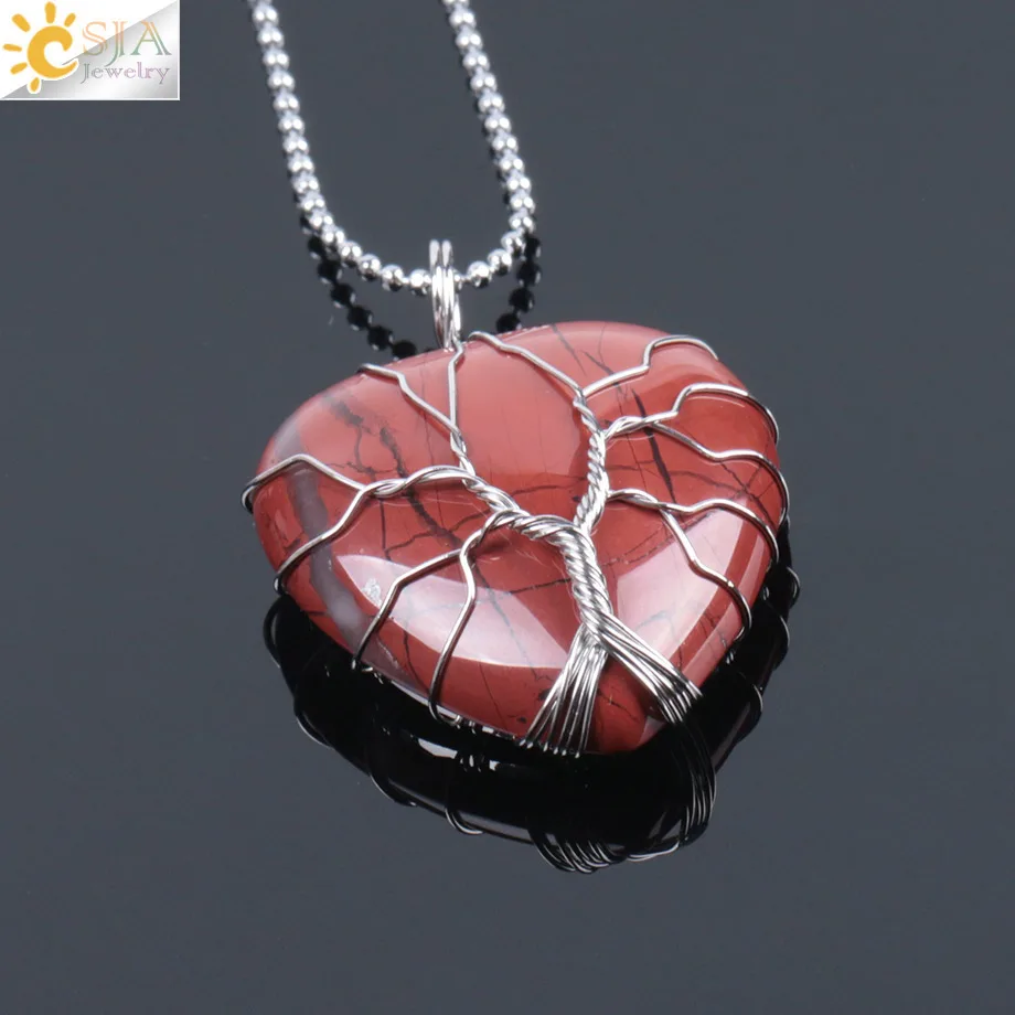 Red Jasper Chain CSJA "Древо жизни" проволочный обернутый Любовь Сердце ожерелье и подвеска натуральный драгоценный камень тигровый глаз розовый кварц черный оникс F053 - Окраска металла: Red Jasper Chain
