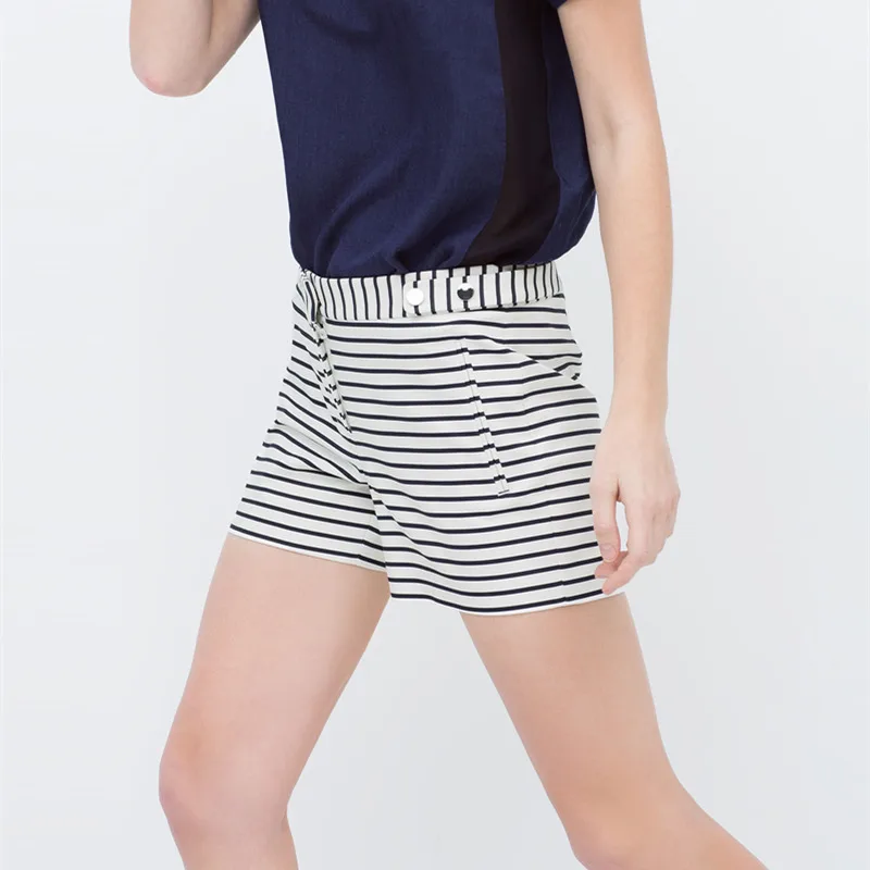 2017 Для женщин мода Бермуды Шорты для эластичный пояс черный в полоску лозы летние