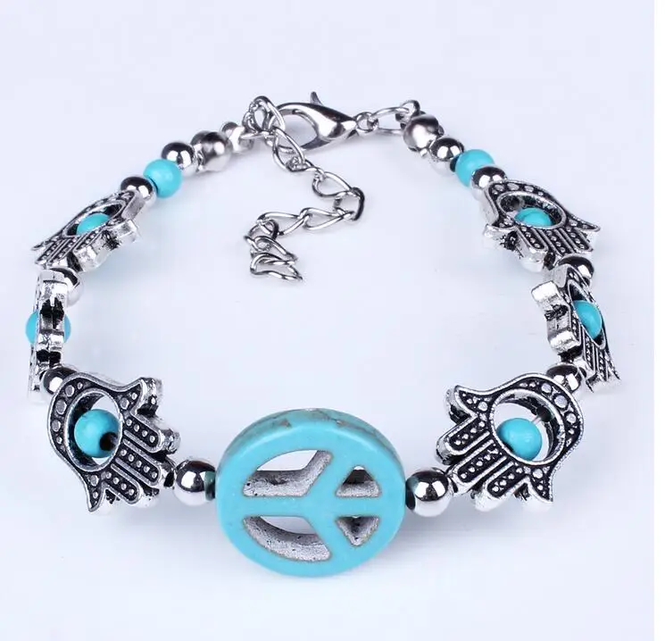 Знак мира камень Фатима ручной браслет Хамса винтажное серебряное очарование