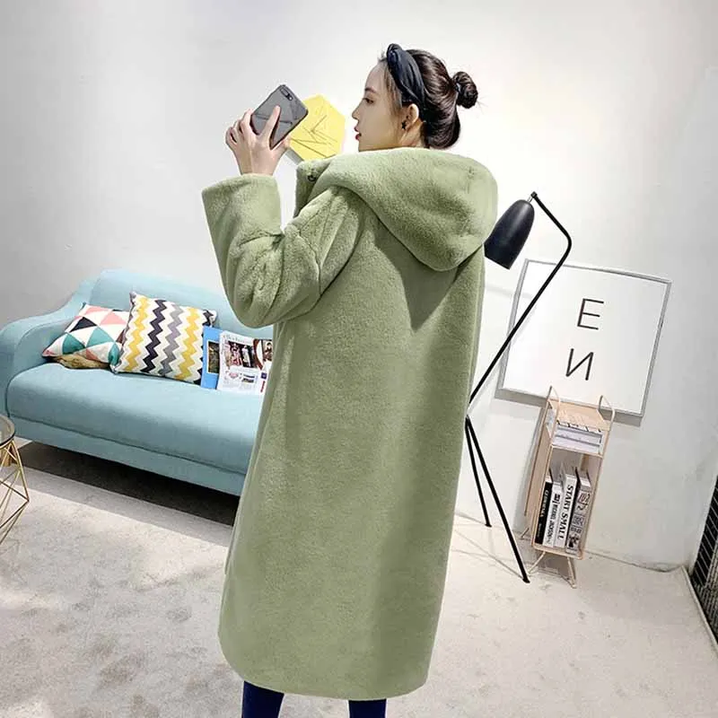 Женское теплое пальто с капюшоном из искусственного меха плюшевая куртка 2021