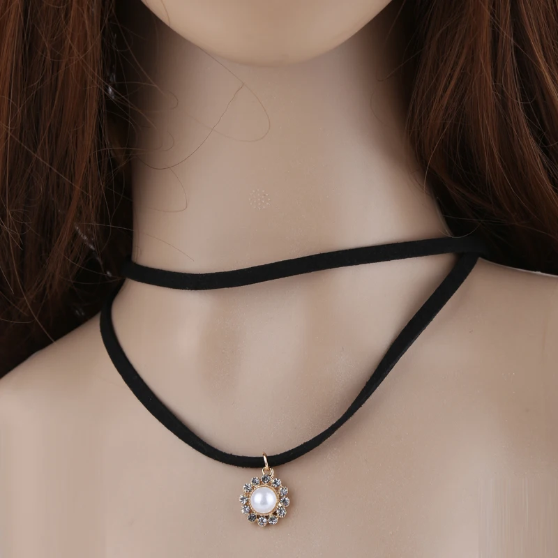Черный Модный бархатный замшевый Чокер Ожерелье Подвеска с золотым цветком