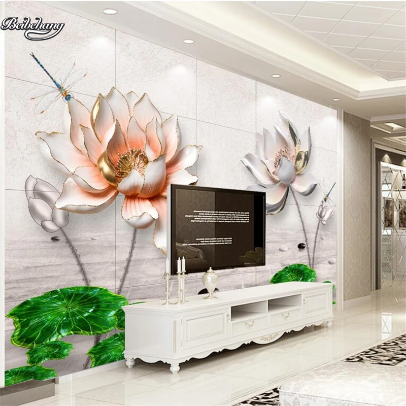 

beibehang Embossed lotus fish retro fresh new Chinese TV backdrop custom large fresco nonwovens environmental wallpaper