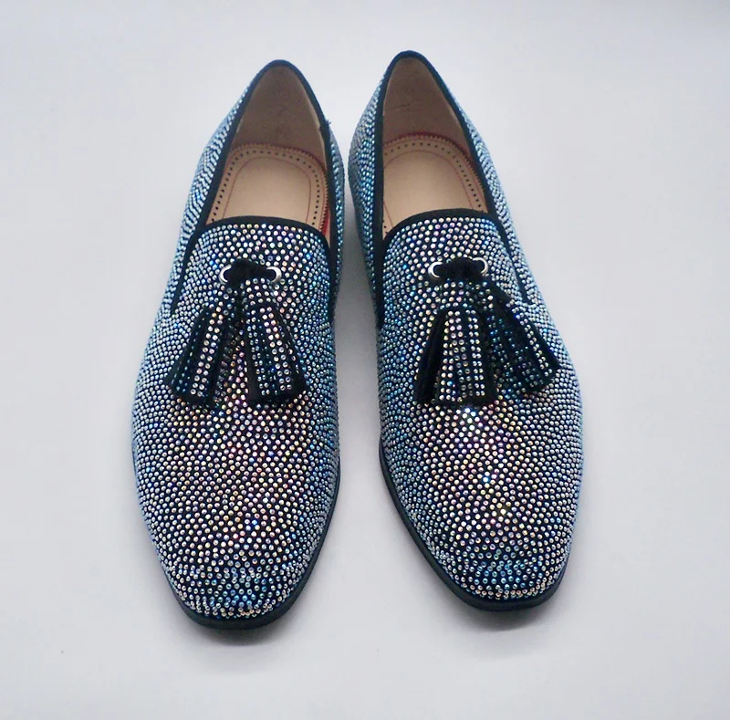 

Buty Meskie Sparkling Crystal Rhinestone Men Loafers Luxury Suede Slip On Men Shoes Fashion Tassel Mens Dress Shoes