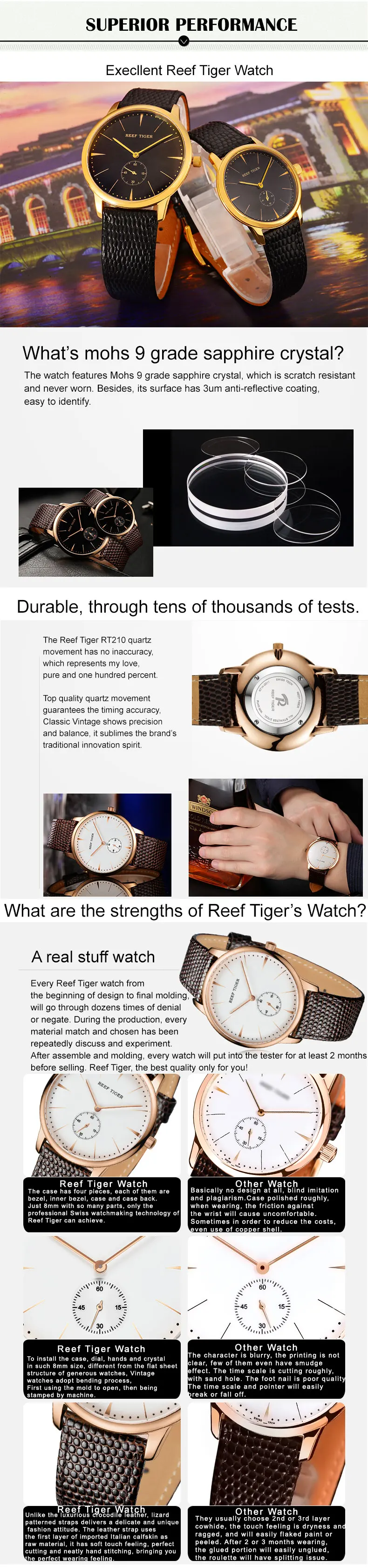 Reef Tiger/RT, розовое золото, ультра тонкие кварцевые часы для мужчин, розовое золото, часы с кожаным ремешком, RGA820