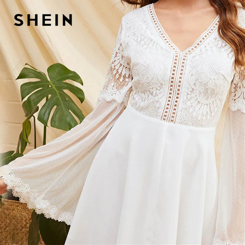 SHEIN Кружевное Платье С Сетчатыми Рукавами И Открытой Спинкой Женское Весеннее Сексуальное Платье С V-Образным Вырезом И Длинными Рукавами