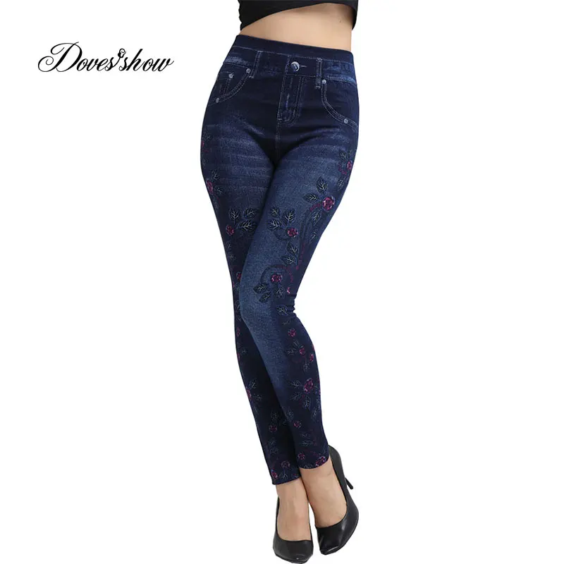 side floral Тонкие женские бесшовные Легинсы из искусственного денима, летние тонкие флисовые леггинсы с цветочным принтом сбоку, повседневные узкие брюки длиной до щиколотки - Цвет: side floral