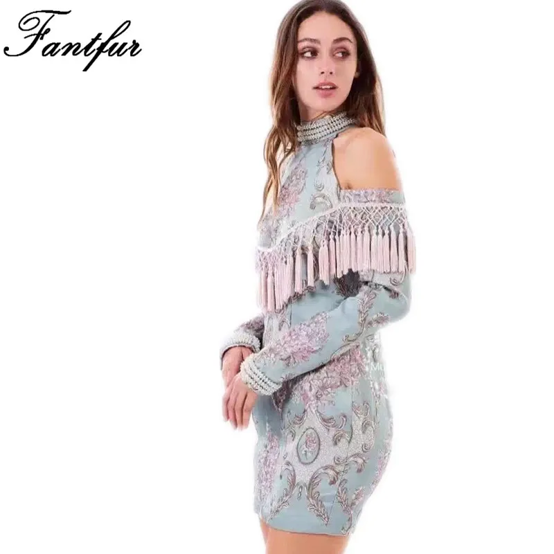 2017 Haute Couture Tassel Nail Bead Jacquard Embroidery Dress Autumn New Arrival Plus Size Women Party Dresses | Женская одежда