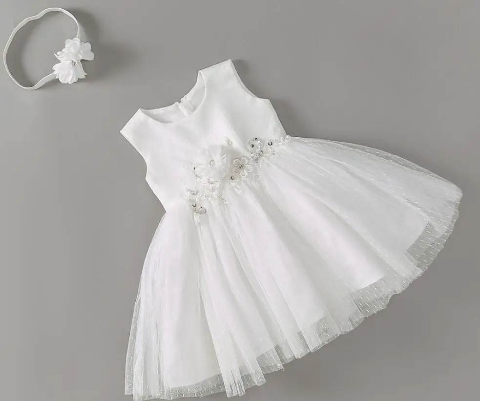 Белое платье для крещения новорожденных девочек 3D шифоновый кружевной цветок
