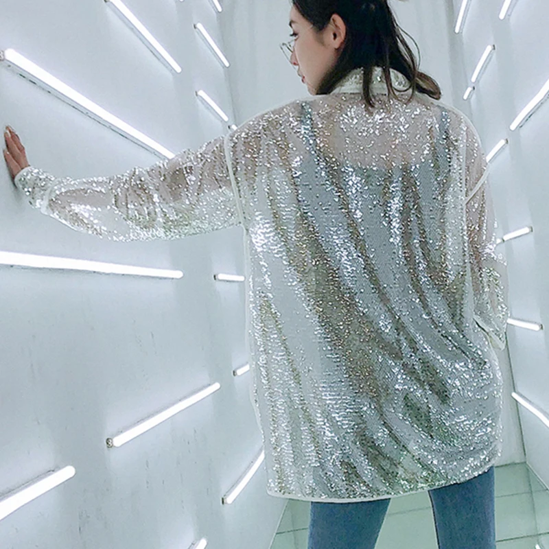 Женская уличная рубашка с серебряными блестками 7 Mang черная Свободная длинными