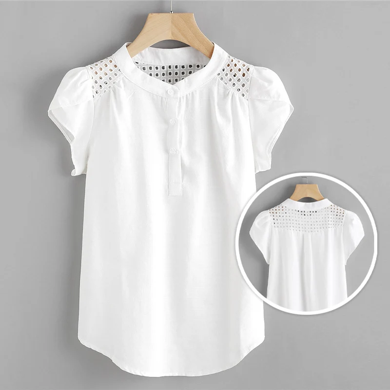 Women Tops Shoulder Hollow Blouse Button Holiday Round Neck Female Shirt White Elegant Office Work Shirts |