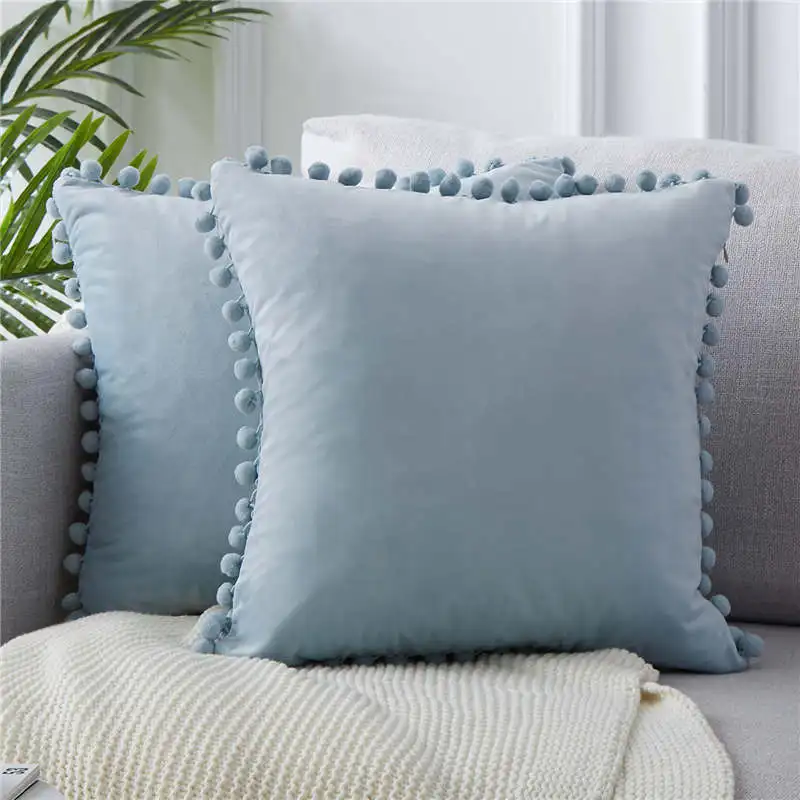 Light Blue-Set of 2 Topfinel мягкое бархатное покрытие для подушки, наволочка для подушки, роскошные квадратные декоративные подушки с шариками для дивана, кровати, автомобиля, подушки для дома - Цвет: Light Blue-Set of 2