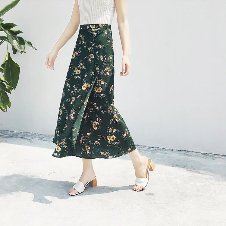 Green daisy Пляжная юбка с запахом, Длинная женская летняя юбка в богемном стиле с цветочным рисунком, Женская богемная юбка на шнуровке, высокая талия, макси юбки для женщин, длинная юбка - Цвет: Green daisy