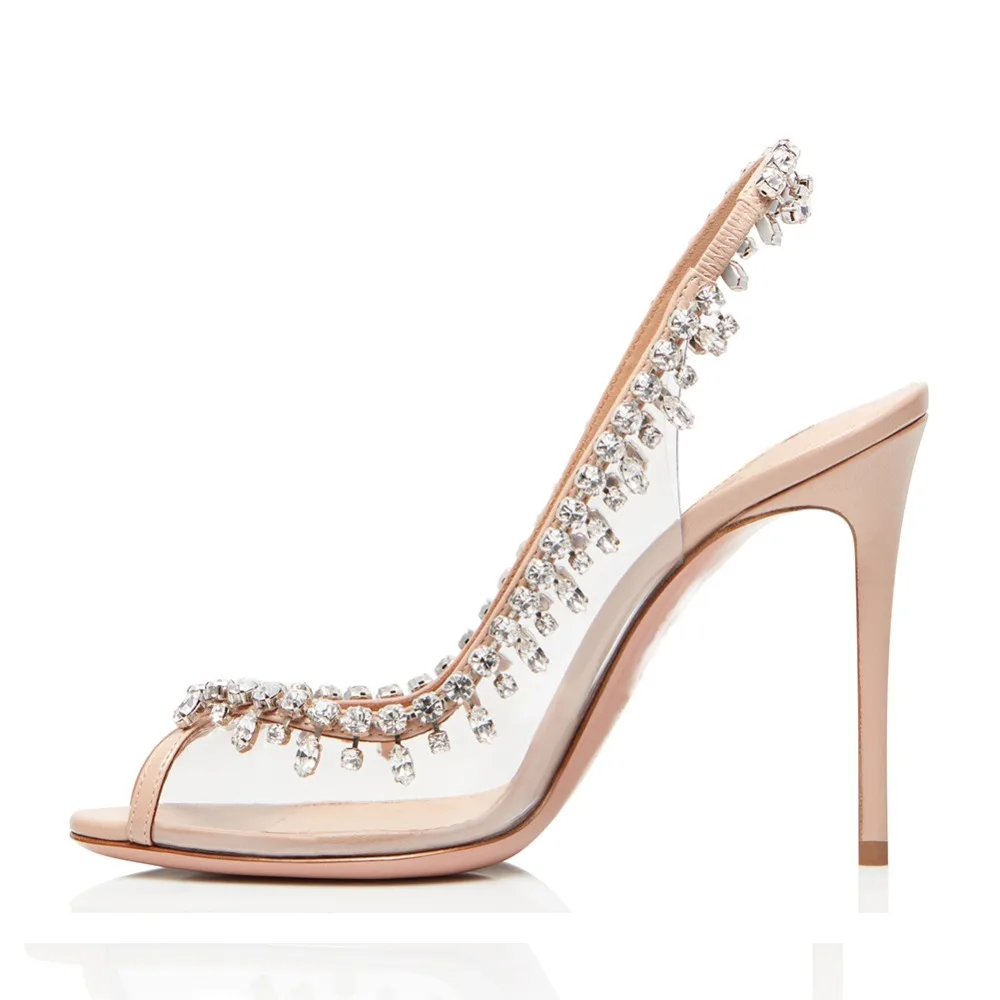 Nude Heeled Ladies Stiletto Heels Crystal Gorgeous Slingbacks Wedding Peep Toe Transparent PVC Pumps Women High Heel Clear Shoes