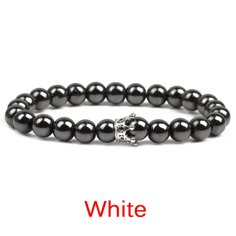 white 1 шт. гематит камень бисера Strand браслет золотой и черный Корона Подвеска Шарм Браслеты для мужчин мужские ювелирные изделия - Окраска металла: white