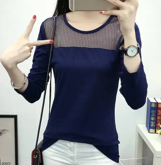 Large size 2016 Solid Color Splice Hollow Out Net Yarn women Casual O-Neck Long sleeve T-Shirts Female clothing New | Женская одежда