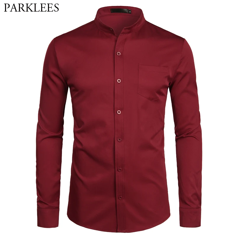 

Wine Red Slim Fit Dress Shirts Men 2019 Brand Mandarin Collar Long Sleeve Shirt Male Casual Business Work Shirt with Pocket 2XL