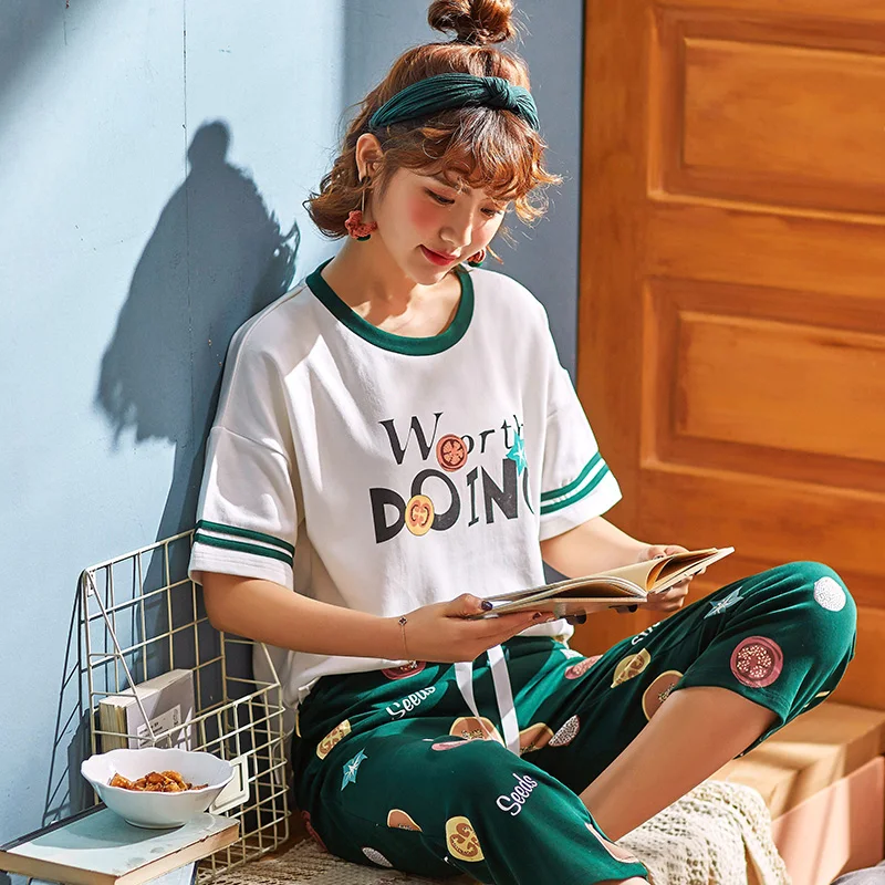 Женские летние Пижамные комплекты с коротким рукавом 100% хлопок пижама принтом