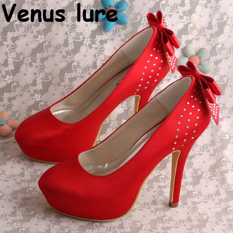 

High Quality Bow Pumps Wedding Shoes Red Platform High Heels 12cm Prom Shoes