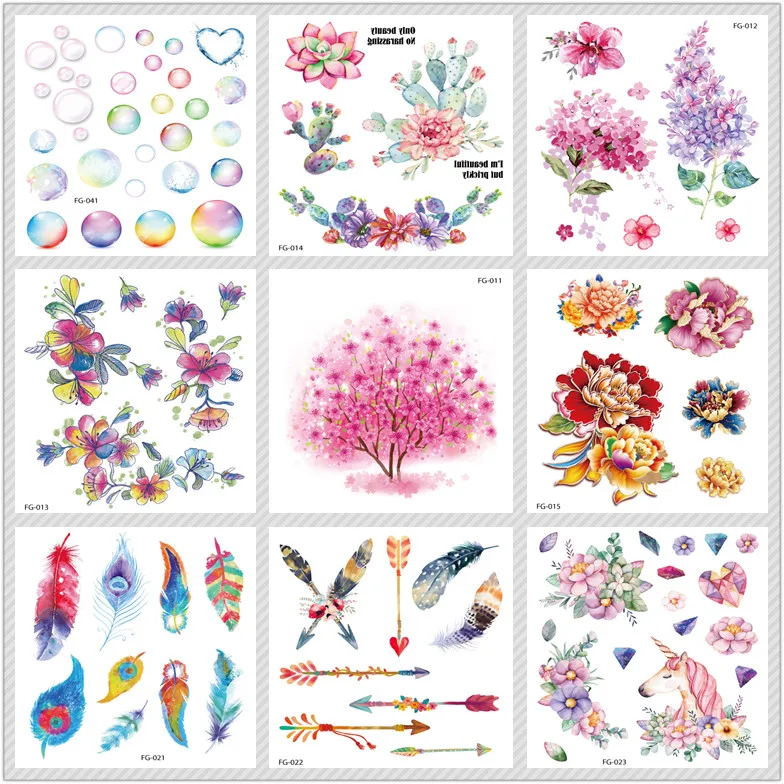 

Rocooart Glitter Tattoo Stickers Flower Tree Flash Tattoo Feathers Bubble Temporary Tattoo Sticker Body Art Fake Taty Tatuagem