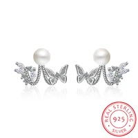 cute small 925 sterling silver butterfly white cz pearl stud earrings for women children girls jewellery orecchini aros aretes