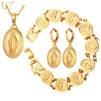 u7 new virgin mary earrings bracelet necklace set wholesale trendy gold color christian cross women jewelry sets s681