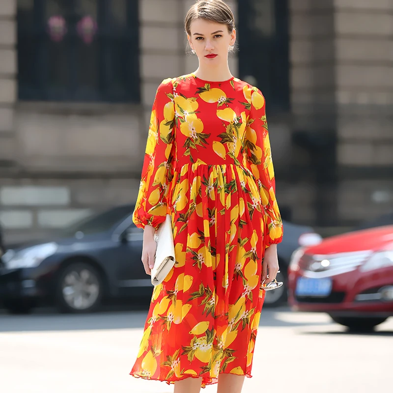 

2017 Summer Autumn New Fashion Women Celebrity Runway Casual Plus Size Long Sleeves Lemon Print Long Chiffon Vestido Beach Dress
