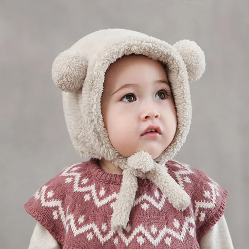 Newborn Toddler Baby Cashmere Plush Pompom Winter Hat Cap Beanie Bonnet For Girls Boys Hats Caps With Ear Warmer Kids | Детская одежда