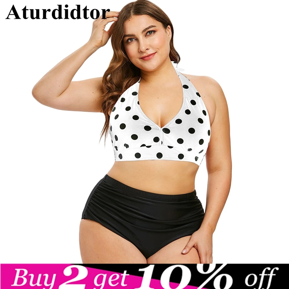 Большие размеры купальники с принтом в горошек Холтер открытая спина пуш ап для