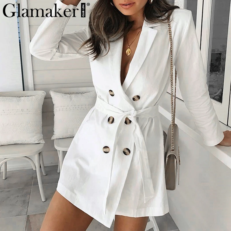 Glamaker, сексуальное Белое Женское пальто с глубоким v-образным вырезом, элегантное женское пальто на пуговицах с поясом, вечерние длинные тренчи на каждый день, Весенняя модная женская верхняя одежда, Новинка