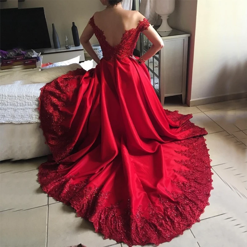 Elegant Red Prom Gown Off the Shoulder Lace Appliques Evening Custom Made V-Neck Floor-Length Vestidos Formal Party Dresses | Женская