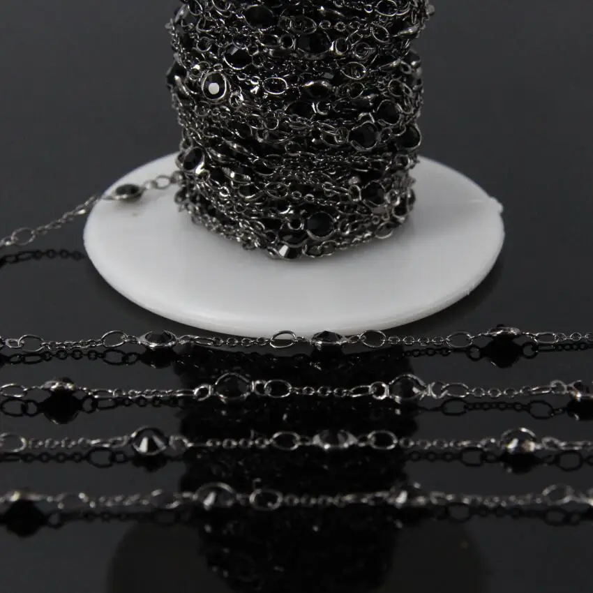 

4mm Size,Black Glass Faceted Round Coin Slice Bead Rosary Chain,Plated Gun black Brass Wire Wrapped Chain DIY Jewelry Crafts