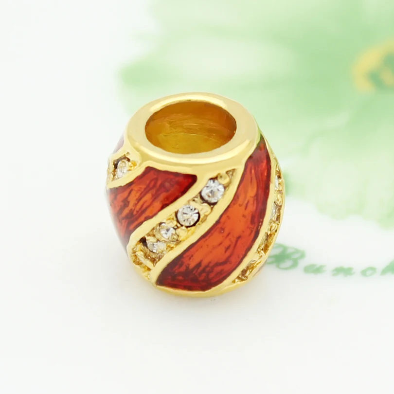 Easter gift DIY hole red enamel white rhinestone cylindrical Russian egg golden female personality charm | Украшения и аксессуары