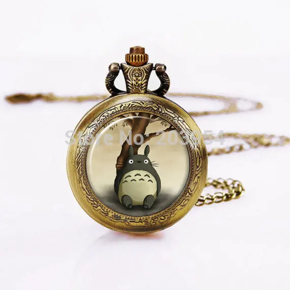 

Brass Pocket watches 12pcs/lot My Neighbor Totoro Vintage Watch jewelry 1"inch Pendant Necklace with Battery steampunk antique