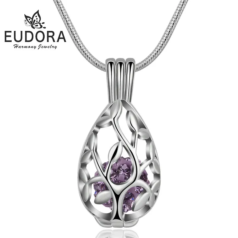 

Eudora Life of Tree Crystal Locket Cage Pendant Necklace Sliver Color Openwork Cage Pendant Chain Fashion DIY Jewelry for Women