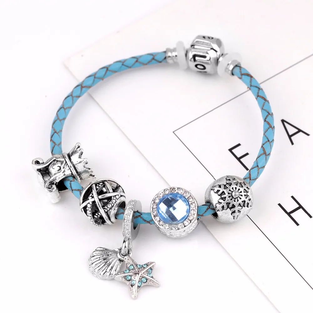 Женский браслет из натуральной кожи с серебряным покрытием и бусинами |