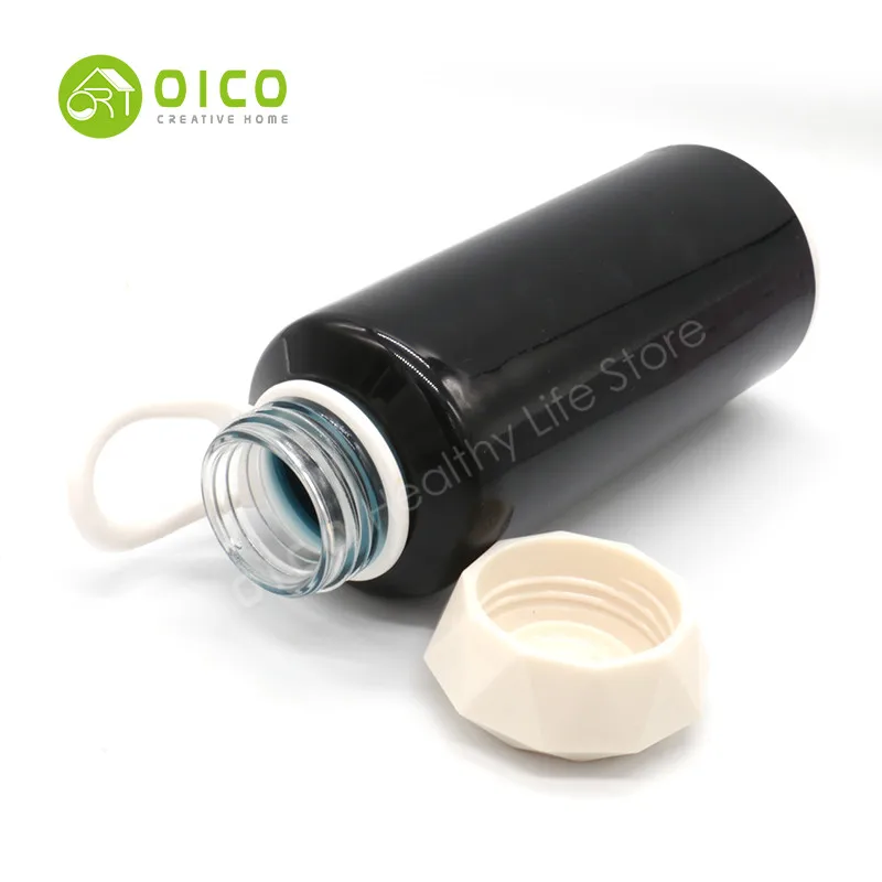 OICO 300ml New Design Simple Black And White Glass Water Bottle With Diamond Shape Cover Plastic Handle For Office/Home Use | Дом и сад