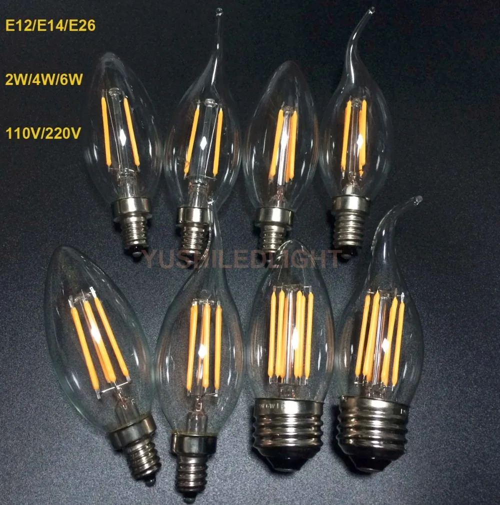 

2PCS/Lot Dimmable LED Filament Candle Bulb E14 E12 E27 COB Lamp Super Bright 2W 4W 6W Warm White 2700K Edison Light Bulb