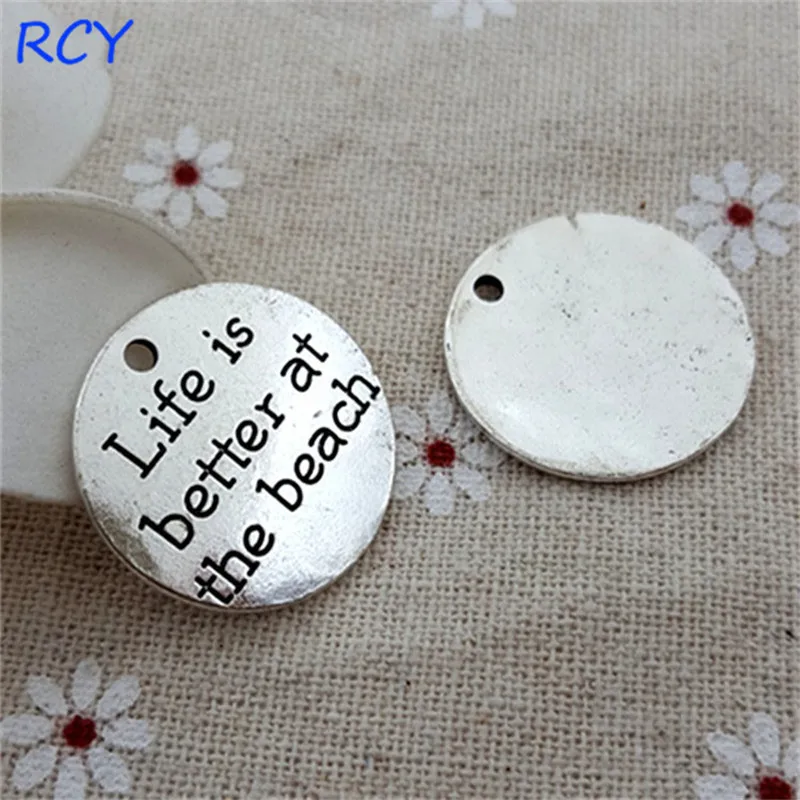 

M2437 Top Quality 5 Pieces/lot 23mm Letter Printed life is better at the beach charm round disc message charm for jewelry making