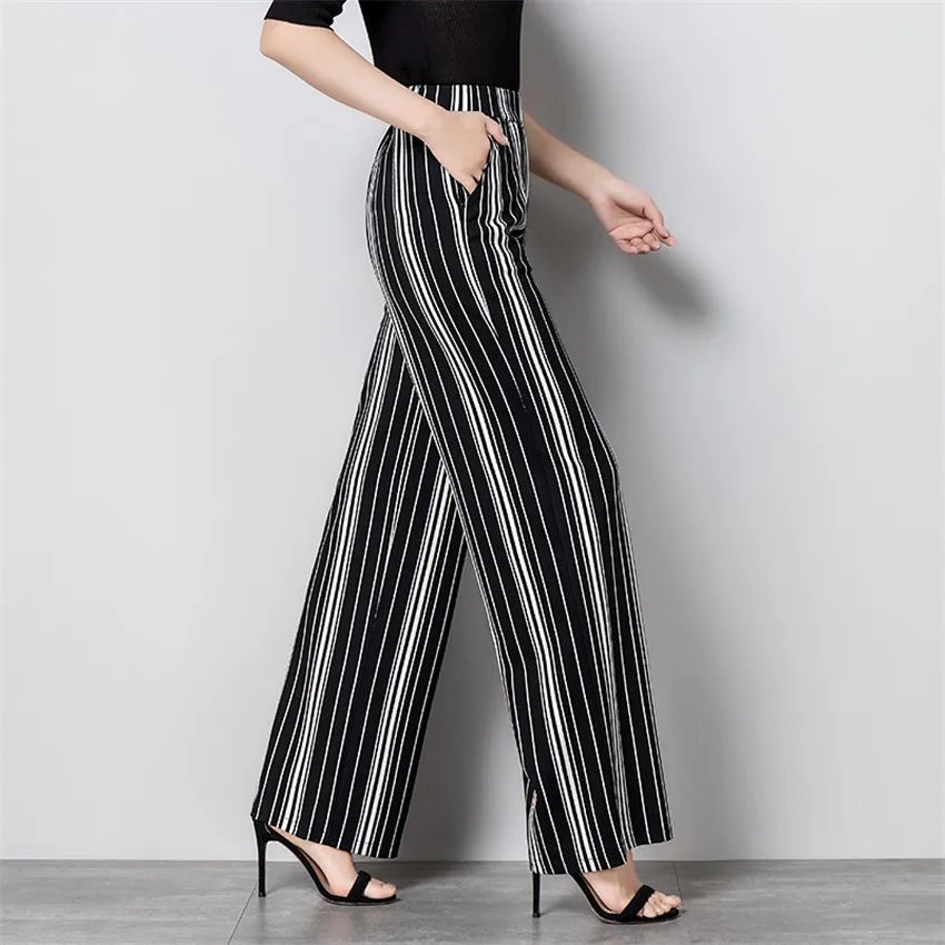 

New Fashion Big Size Women Chiffon Wide Leg Pant Casual Long Striped Pant Summer Female Eastic Waist Thin Pants Trousers WZ885