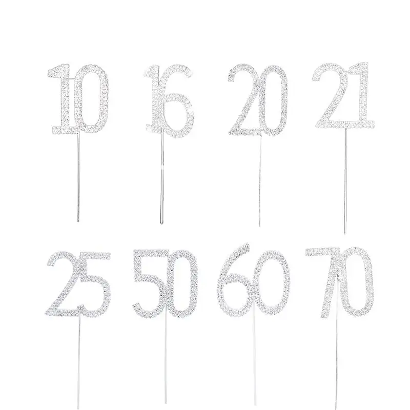 № 10, 16, 20, 21, 25, 50, 60, 70, стразы, украшенные цифровой наклейкой, Топпер для торта, для 10-й 20-й 60-й свадьбы, юбилея/дня рождения