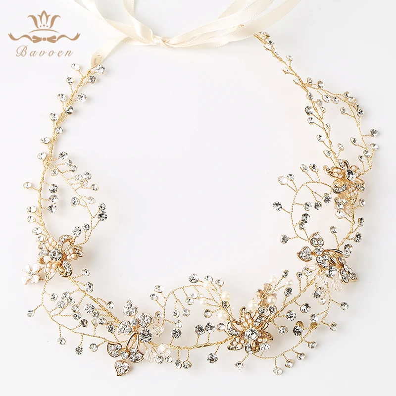 

European Handmade Gold Brides Hairbands Pearls Soft Headbands Bridal Flower Hair Accessories Crystal Headpieces