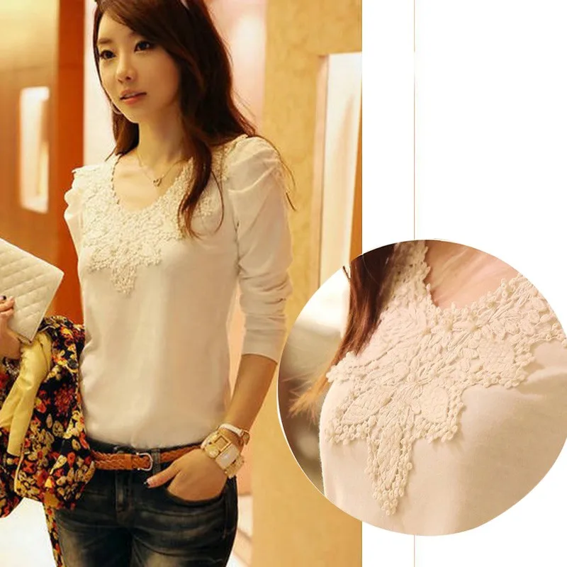 Белая элегантная кружевная женская блузка с длинным рукавом кружевной
