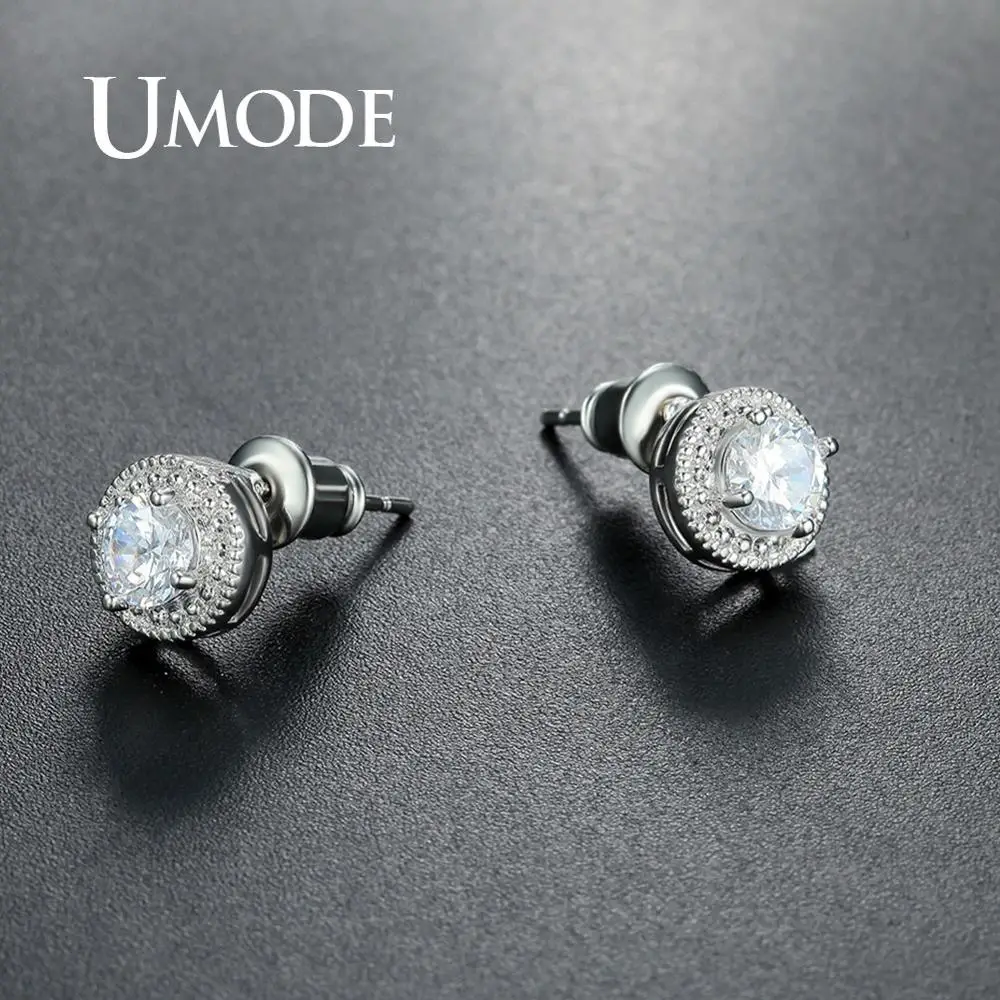 Женские круглые серьги гвоздики UMODE простые из белого золота с кубическим