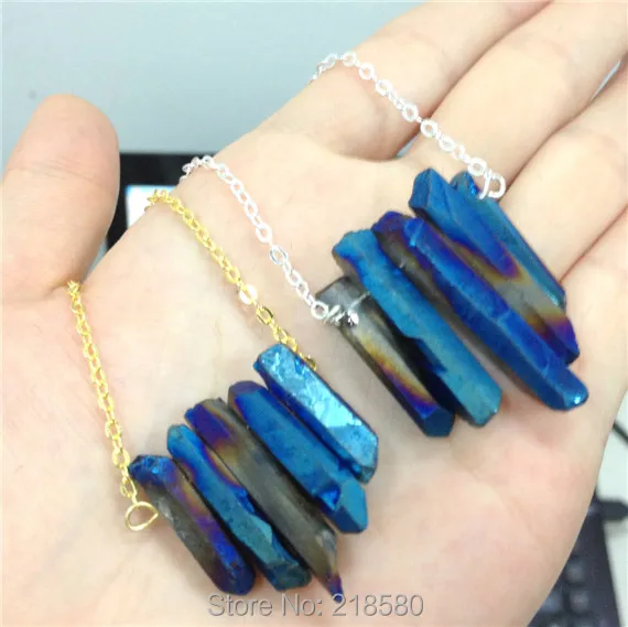 SN 053 Raw Blue Rainbow Aura кварцевое ожерелье с шипами Грубая Druzy стрелка точка Бохо