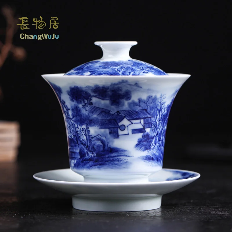 

Changwuju in Jingdezhen Cups the grey galzed blue and white tea cup with cover painted by Jinhongxia firing in the firewood kiln