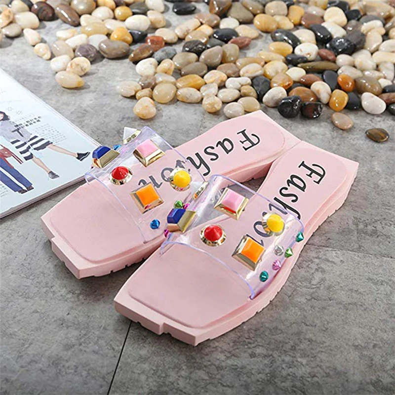 Женские босоножки с квадратным носком прозрачные пляжные сандалии на плоской